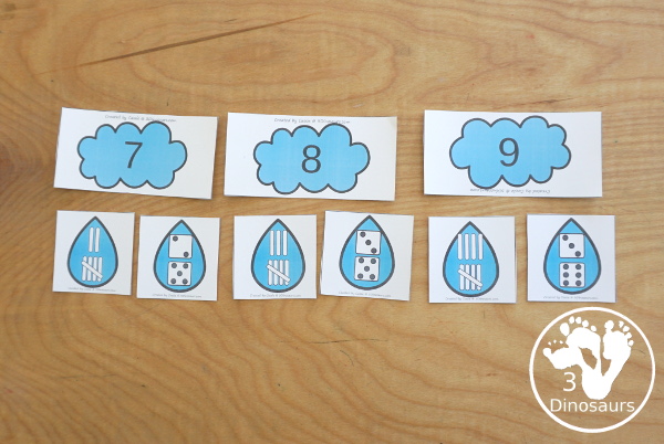 Free Raindrop Subitizing Number Practice & Counting - with numbers 1 to 10 with dice, tally marks, ten frames and counting raindrops for sorting. A great hands-on number activity - 3Dinosaurs.com