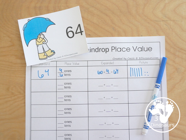 Free Raindrop Place Value Printable with 10s & 1s and 100s, 10s & 1s - with place value expanded form cards, place number cards and recording sheets. - 3Dinosaurs.com