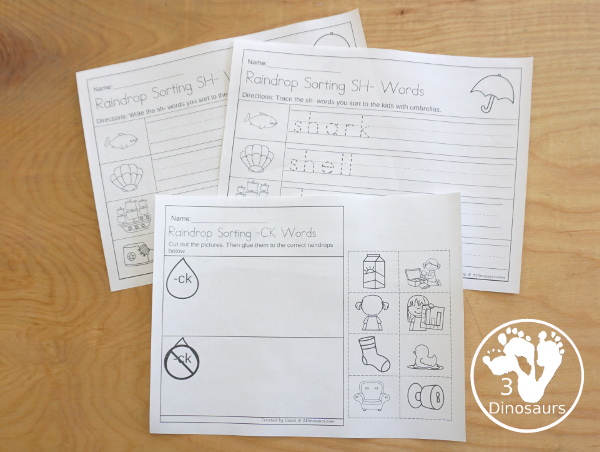 Spring Digraph Sorting with 12 digraphs: ch-, -ch, -ck, kn-, ph, qu-, sh-. -sh, th-, -th, wh-, wr- with sorting mats, raindrops with digraphs, tracing digraphs words worksheet, writing digraph worksheet, and cut and paste digraph worksheet - 3Dinosaurs.com