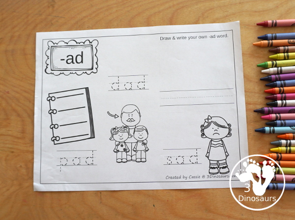 Free CVC Word Family Coloring Pages: Short A Vowel with ad, -ag, -am, -an, -ap, -ar, -at  with tracing the words, coloring the pictures and draw their own short a word for the short a ending - 3Dinosaurs.com