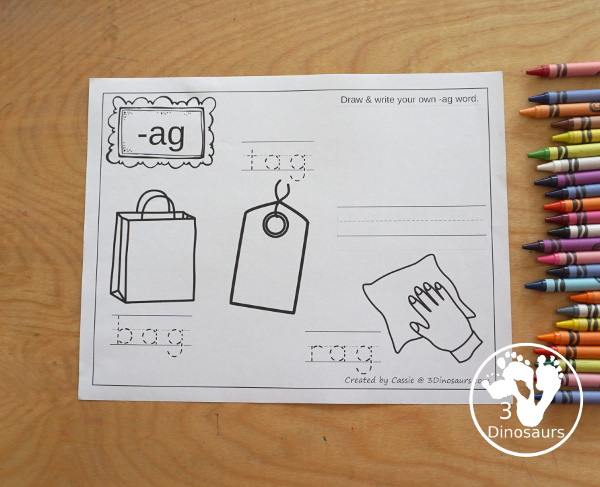 Free CVC Word Family Coloring Pages: Short A Vowel with ad, -ag, -am, -an, -ap, -ar, -at  with tracing the words, coloring the pictures and draw their own short a word for the short a ending - 3Dinosaurs.com