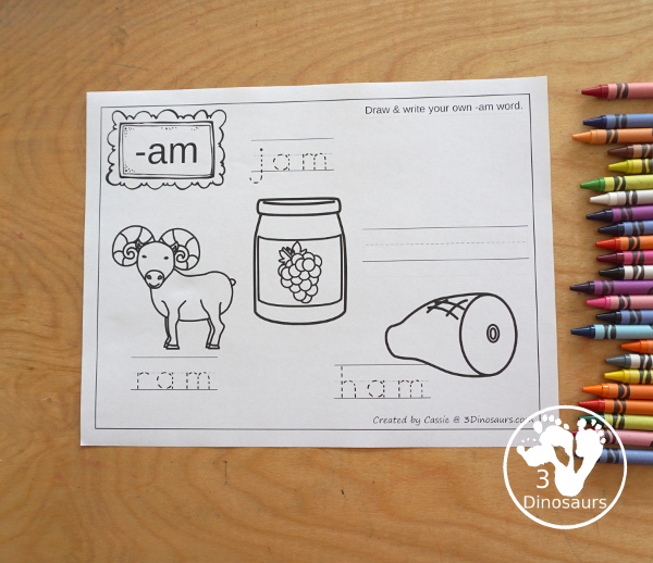 Free CVC Word Family Coloring Pages: Short A Vowel with ad, -ag, -am, -an, -ap, -ar, -at  with tracing the words, coloring the pictures and draw their own short a word for the short a ending - 3Dinosaurs.com