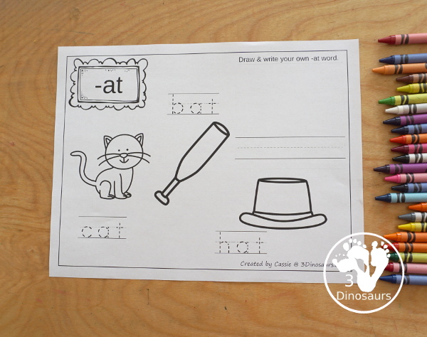Free CVC Word Family Coloring Pages: Short A Vowel with ad, -ag, -am, -an, -ap, -ar, -at  with tracing the words, coloring the pictures and draw their own short a word for the short a ending - 3Dinosaurs.com