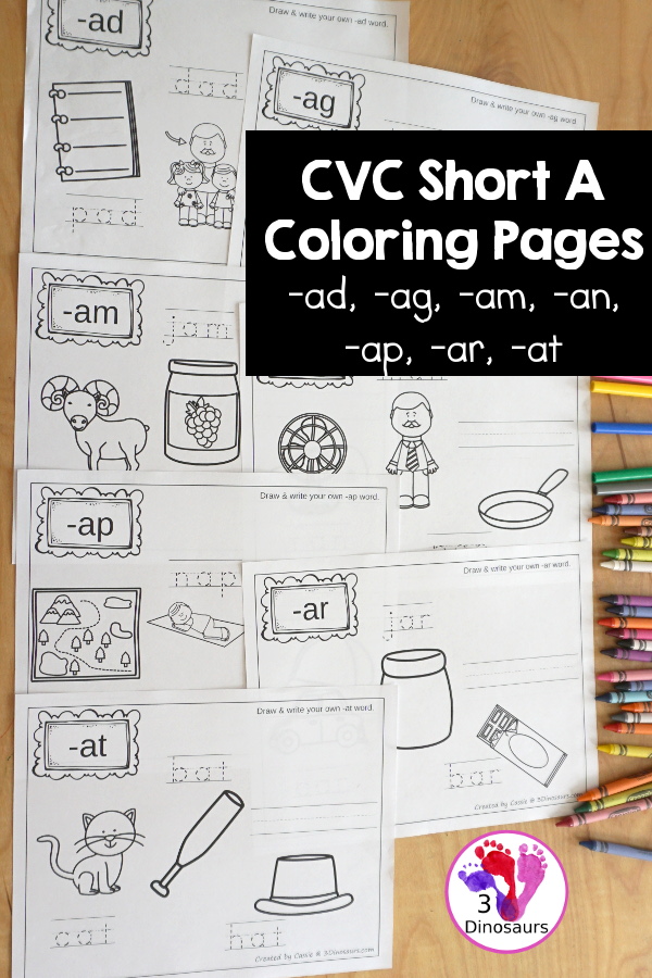Free CVC Word Family Coloring Pages: Short A Vowel with ad, -ag, -am, -an, -ap, -ar, -at  with tracing the words, coloring the pictures and draw their own short a word for the short a vowels plus ending - 3Dinosaurs.com