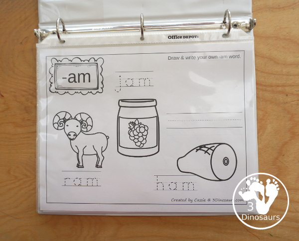 Free CVC Word Family Coloring Pages: Short A Vowel with ad, -ag, -am, -an, -ap, -ar, -at  with tracing the words, coloring the pictures and draw their own short a word for the short a vowels plus ending - 3Dinosaurs.com