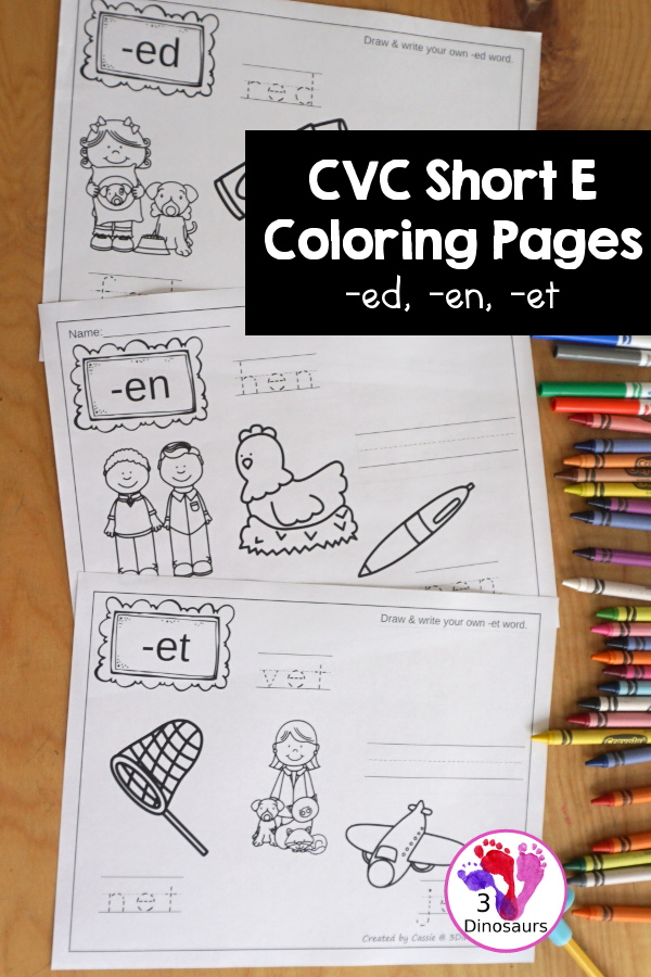 Free CVC Word Family Coloring Pages: Short E Vowel with ed, en, and et.  with tracing the words, coloring the pictures and draw their own short e word for the short a vowels plus ending - 3Dinosaurs.com