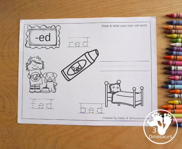 Free CVC Word Family Coloring Pages: Short E Vowel with ed, en, and et.  with tracing the words, coloring the pictures and draw their own short e word for the short a vowels plus ending - 3Dinosaurs.com