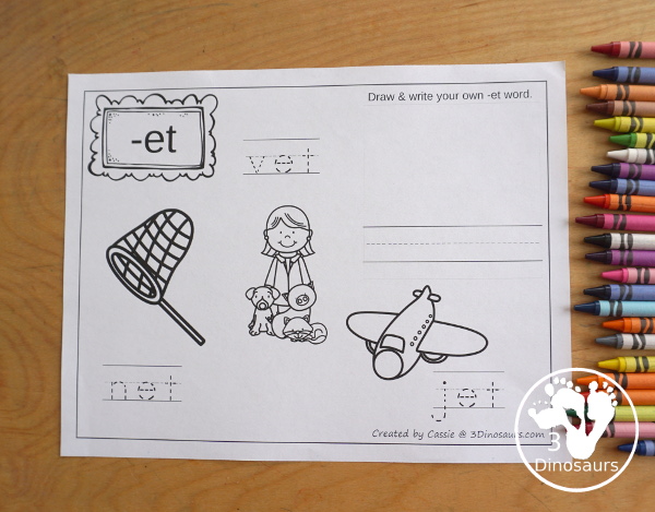 Free CVC Word Family Coloring Pages: Short E Vowel with ed, en, and et.  with tracing the words, coloring the pictures and draw their own short e word for the short a vowels plus ending - 3Dinosaurs.com