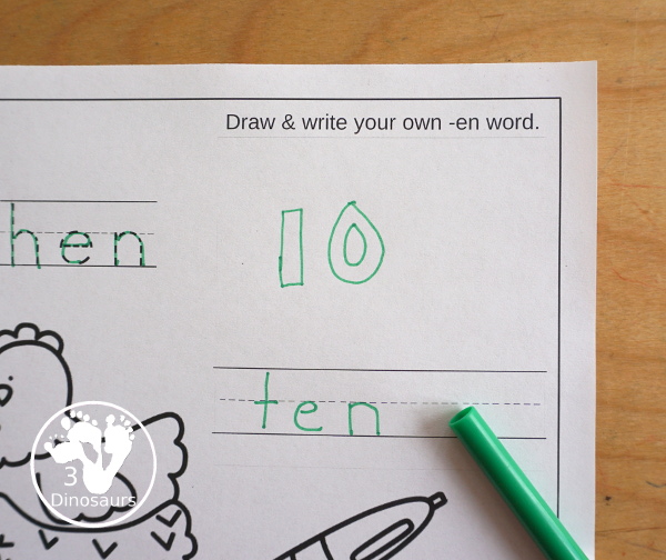 Free CVC Word Family Coloring Pages: Short E Vowel with ed, en, and et.  with tracing the words, coloring the pictures and draw their own short e word for the short a vowels plus ending - 3Dinosaurs.com