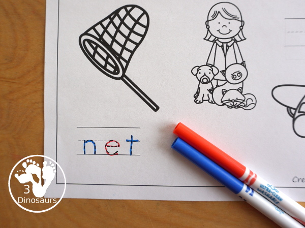 Free CVC Word Family Coloring Pages: Short E Vowel with ed, en, and et.  with tracing the words, coloring the pictures and draw their own short e word for the short a vowels plus ending - 3Dinosaurs.com