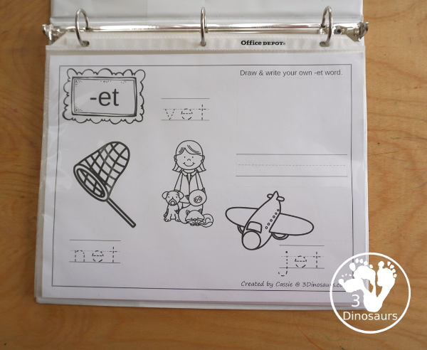 Free CVC Word Family Coloring Pages: Short E Vowel with ed, en, and et.  with tracing the words, coloring the pictures and draw their own short e word for the short a vowels plus ending - 3Dinosaurs.com
