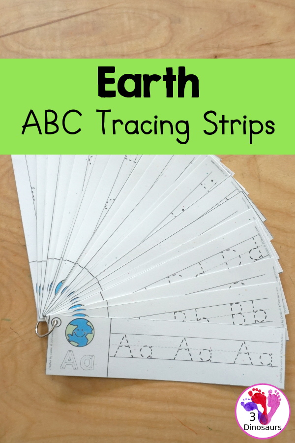 Free Earth ABC Tracing Strips - with uppercase and lowercase together. You have fun kids with an Earth plus you can see an example of how to trace the letters - 3Dinosaurs.com
