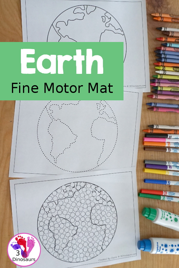 Free Earth Fine Motor Mats For Kids with an Earth Template, Earth tracing and Earth Q-tip Printables. Great fine motor mats for Earth Day or a Space Theme - 3Dinosaurs.com