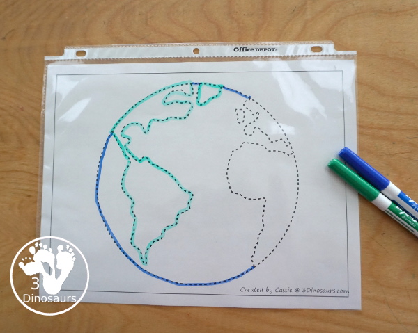 Free Earth Fine Motor Mats For Kids with an Earth Template, Earth tracing and Earth Q-tip Printables. Great fine motor mats for Earth Day or a Space Theme - 3Dinosaurs.com