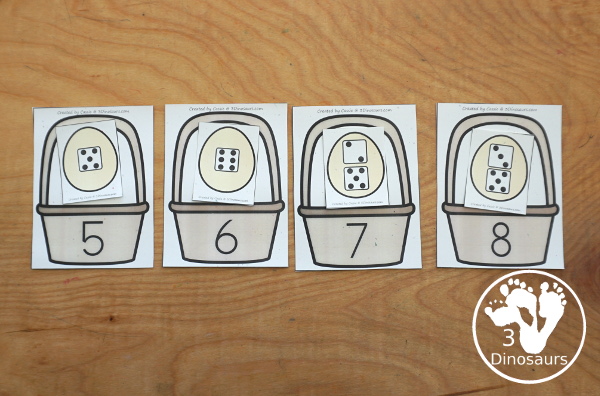 Free Easter Egg Number Sense Match Printable - has baskets with numbers and Easter Eggs with matching numbers with tally marks, dominos, dice, and ten frames. This makes a great number subitizing center for kids. - 3Dinosaurs.com