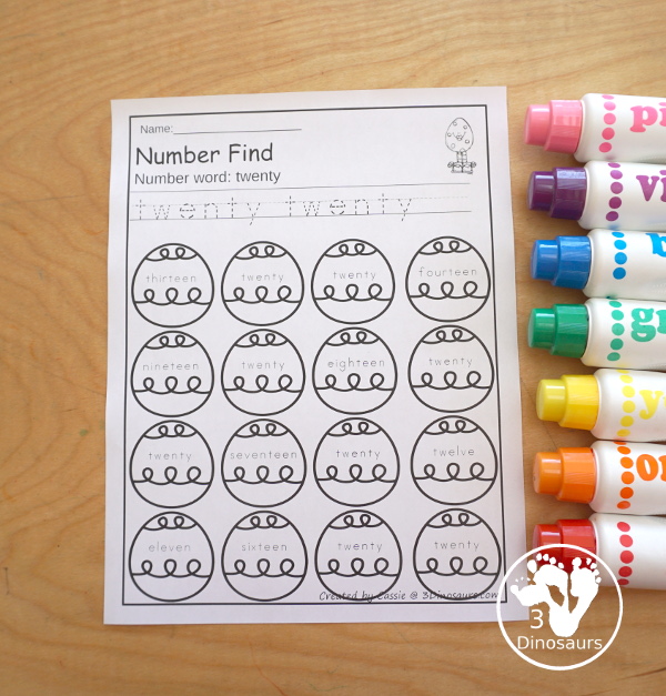 Easter Number Find with Numbers from 0 to 20 with numerical number find, and number word find for kids to work on tracing numbers and finding numbers in kindergarten and prek. - 3Dinosaurs.com