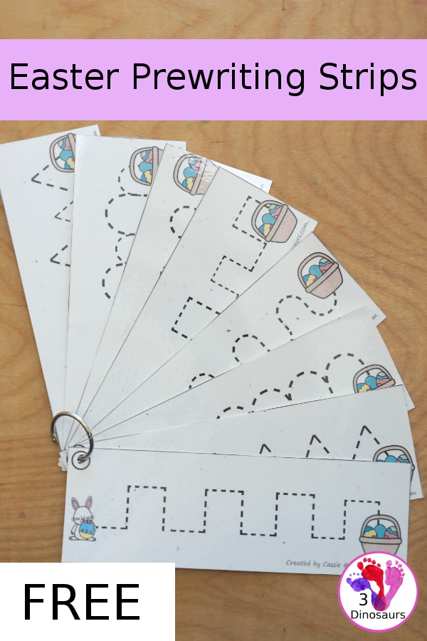 Free Easter Prewriting Strips - prewriting printable for kids working on more complex prewriting skills with prewriting fonts in repeat pattern and sizes. You have Easter Bunny getting to a basket of eggs. - 3Dinosaurs.com