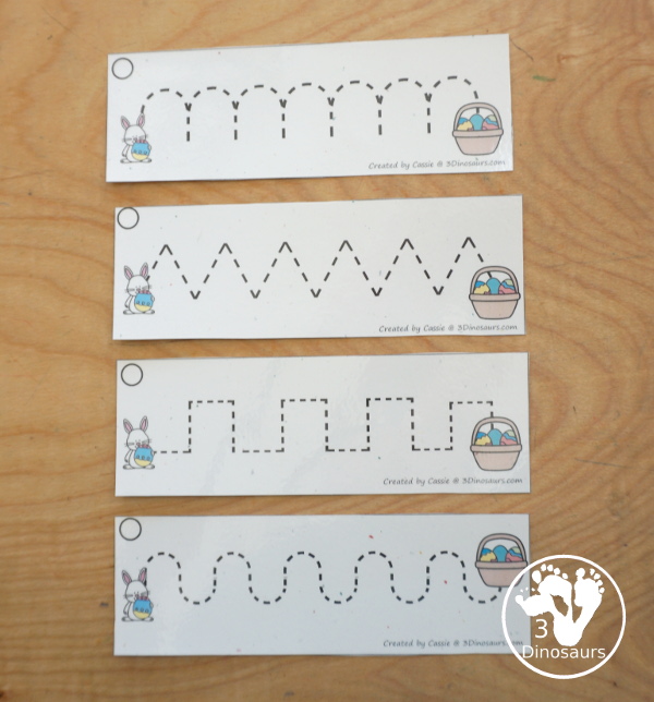 Free Easter Prewriting Strips - prewriting printable for kids working on more complex prewriting skills with prewriting fonts in repeat pattern and sizes. You have Easter Bunny getting to a basket of eggs. - 3Dinosaurs.com