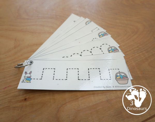 Free Easter Prewriting Strips - prewriting printable for kids working on more complex prewriting skills with prewriting fonts in repeat pattern and sizes. You have Easter Bunny getting to a basket of eggs. - 3Dinosaurs.com