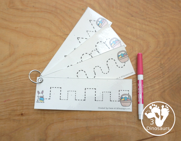 Free Easter Prewriting Strips - prewriting printable for kids working on more complex prewriting skills with prewriting fonts in repeat pattern and sizes. You have Easter Bunny getting to a basket of eggs. - 3Dinosaurs.com