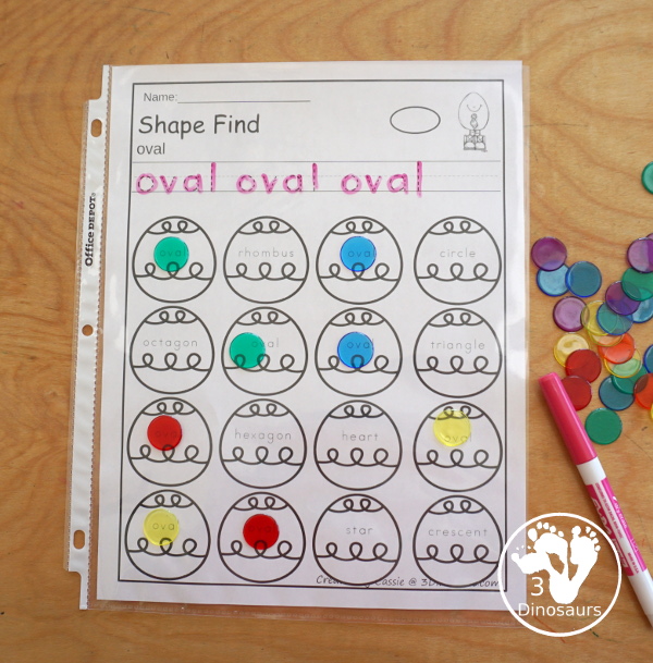 Easter Shape Find For Kids with 11 shapes for kids to trace and then find with shape word find and geometric shape find. Each is a great no-prep shape worksheet - 3Dinosaurs.com