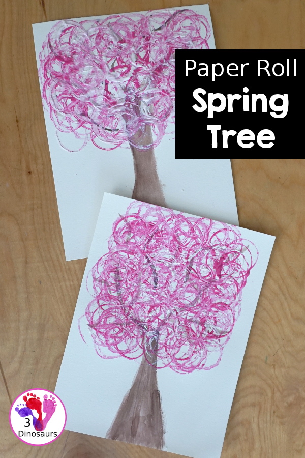Paper Roll Painted Spring Tree is a fun spring painting with watercolor trunk and paper roll painted pink and white tree. Super easy for kids to do - 3Dinosaurs.com