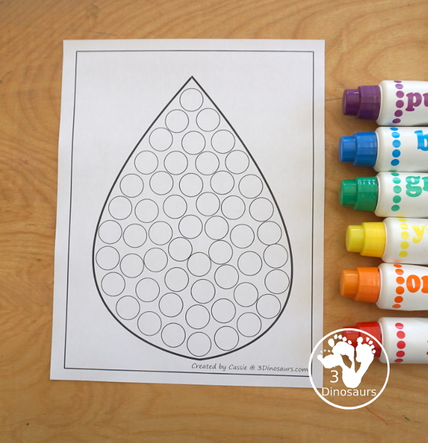 Free Raindrop Fine Motor Mat Printables -  with four pages of printables with raindrop template to color, raindrop to trace, raindrop playdough mat and a dot marker raindrop, all great for spring. - 3Dinosaurs.com