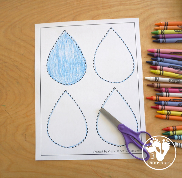 Free Raindrop Fine Motor Mat Printables -  with four pages of printables with raindrop template to color, raindrop to trace, raindrop playdough mat and a dot marker raindrop, all great for spring. - 3Dinosaurs.com