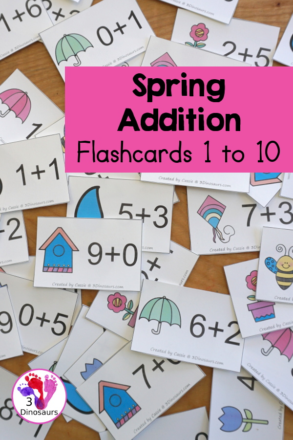 Free Spring Addition Flashcards with addition from 1 to 10 with all the ways to add up to each number - 3Dinosaurs.com