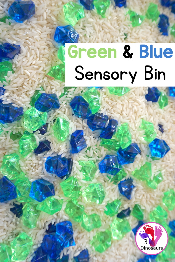 Blue and Green Sensory Bin For Earth Day - a simple sensory bin with blue and green acrylic rocks with a rice filler - 3Dinosaurs.com