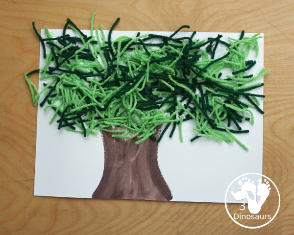 Green Yarn Tree Craft for Arbor Day - a fun mixed art with watercolor trunk ad a yarn green tree for kids to make - 3Dinosaurs.com