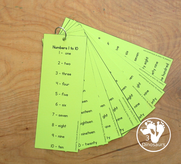 Free Number Bookmarks with Numbers 1 to 100 - Each bookmark has the number and number word with ten numbers on each page with 5 pages of printables. - 3Dinosaurs.com