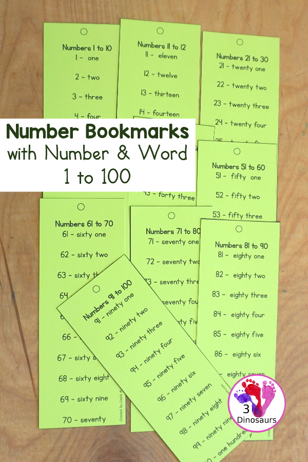 Free Number Bookmarks with Numbers 1 to 100 - Each bookmark has the number and number word with ten numbers on each page with 5 pages of printables. - 3Dinosaurs.com