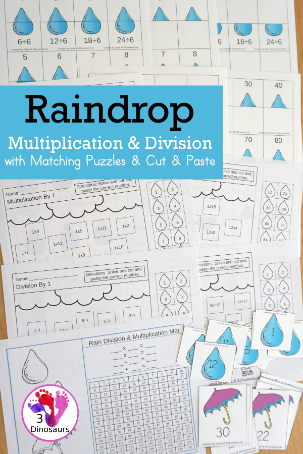 Raindrop Multiplication & Division Cut & Paste and Matching with cut and paste worksheets for division and multiplication with numbers 1 to 12 and match puzzles and matching mats for division and multiplication - 3Dinosaurs.com