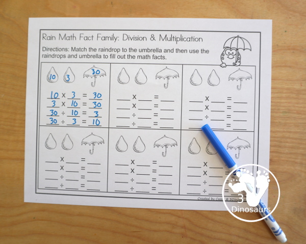 Raindrop Multiplication & Division Cut & Paste and Matching with cut and paste worksheets for division and multiplication with numbers 1 to 12 and match puzzles and matching mats for division and multiplication - 3Dinosaurs.com