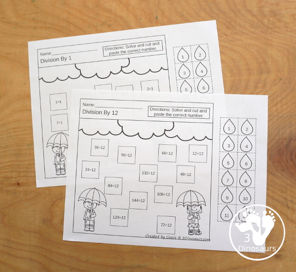 Raindrop Multiplication & Division Cut & Paste and Matching with cut and paste worksheets for division and multiplication with numbers 1 to 12 and match puzzles and matching mats for division and multiplication - 3Dinosaurs.com