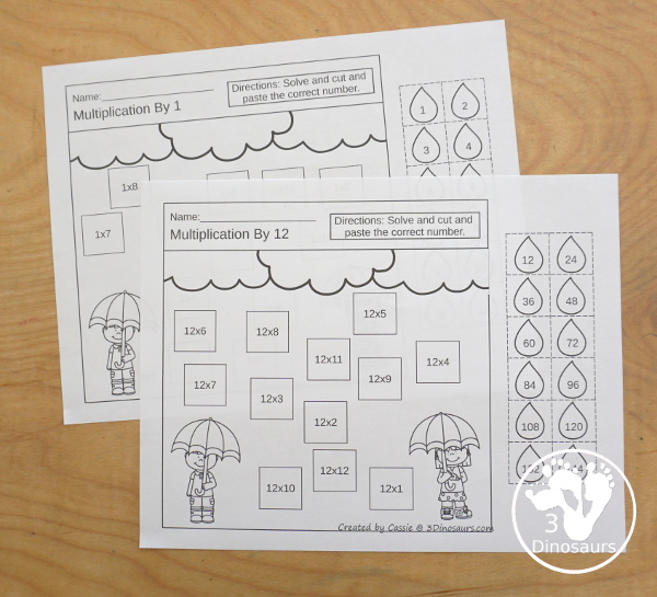 Raindrop Multiplication & Division Cut & Paste and Matching with cut and paste worksheets for division and multiplication with numbers 1 to 12 and match puzzles and matching mats for division and multiplication - 3Dinosaurs.com