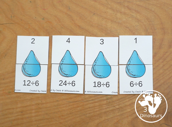 Raindrop Multiplication & Division Cut & Paste and Matching with cut and paste worksheets for division and multiplication with numbers 1 to 12 and match puzzles and matching mats for division and multiplication - 3Dinosaurs.com