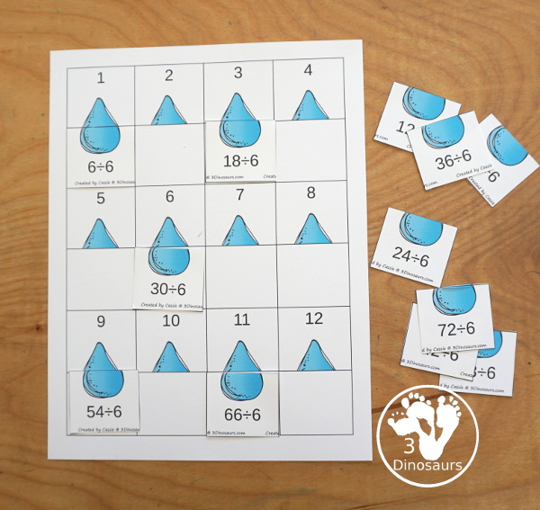 Raindrop Multiplication & Division Cut & Paste and Matching with cut and paste worksheets for division and multiplication with numbers 1 to 12 and match puzzles and matching mats for division and multiplication - 3Dinosaurs.com
