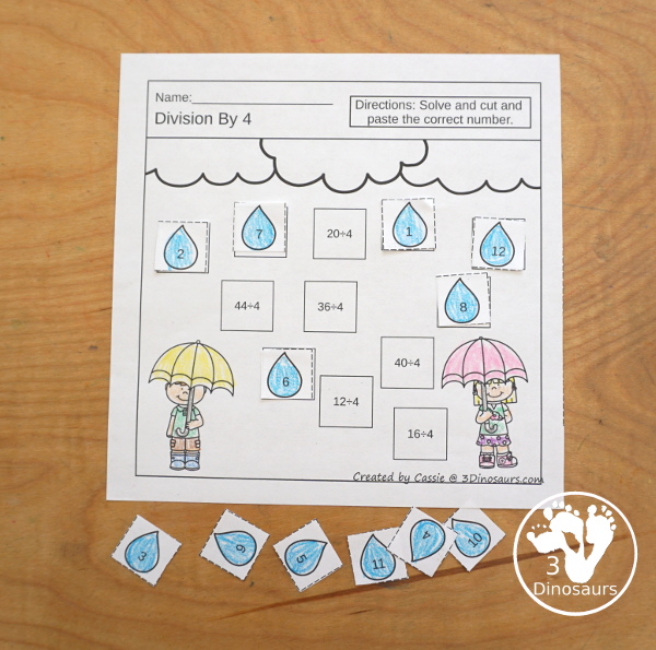 Raindrop Multiplication & Division Cut & Paste and Matching with cut and paste worksheets for division and multiplication with numbers 1 to 12 and match puzzles and matching mats for division and multiplication - 3Dinosaurs.com