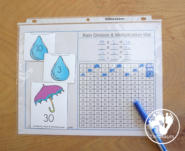 Raindrop Multiplication & Division Cut & Paste and Matching with cut and paste worksheets for division and multiplication with numbers 1 to 12 and match puzzles and matching mats for division and multiplication - 3Dinosaurs.com