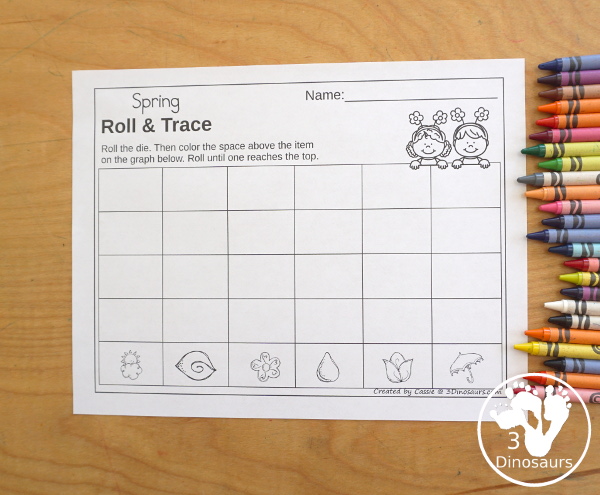 Spring Roll & Graph With Trace Letters, Numbers & Shapes with a folding die and cube die with a graphing sheet, graphing with tracing numbers, graphing with tracing letters and graphing with tracing shapes. All with a fun spring theme for prek and kindergarten - 3Dinosaurs.com