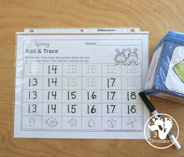 Spring Roll & Graph With Trace Letters, Numbers & Shapes with a folding die and cube die with a graphing sheet, graphing with tracing numbers, graphing with tracing letters and graphing with tracing shapes. All with a fun spring theme for prek and kindergarten - 3Dinosaurs.com