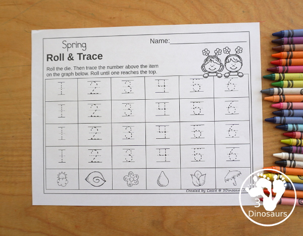 Spring Roll & Graph With Trace Letters, Numbers & Shapes with a folding die and cube die with a graphing sheet, graphing with tracing numbers, graphing with tracing letters and graphing with tracing shapes. All with a fun spring theme for prek and kindergarten - 3Dinosaurs.com