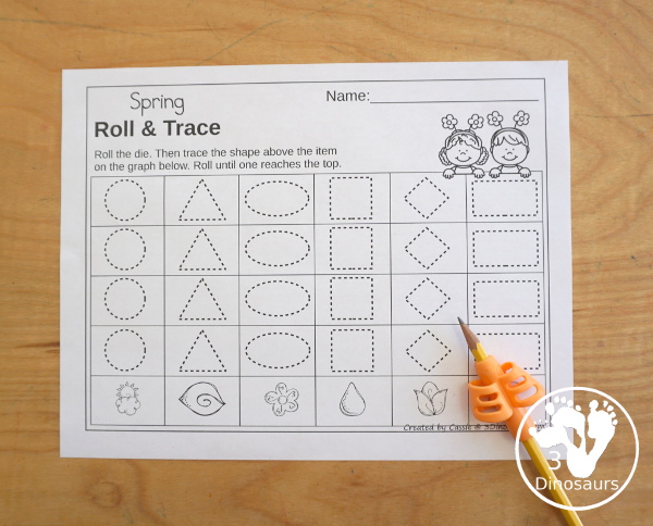 Spring Roll & Graph With Trace Letters, Numbers & Shapes with a folding die and cube die with a graphing sheet, graphing with tracing numbers, graphing with tracing letters and graphing with tracing shapes. All with a fun spring theme for prek and kindergarten - 3Dinosaurs.com