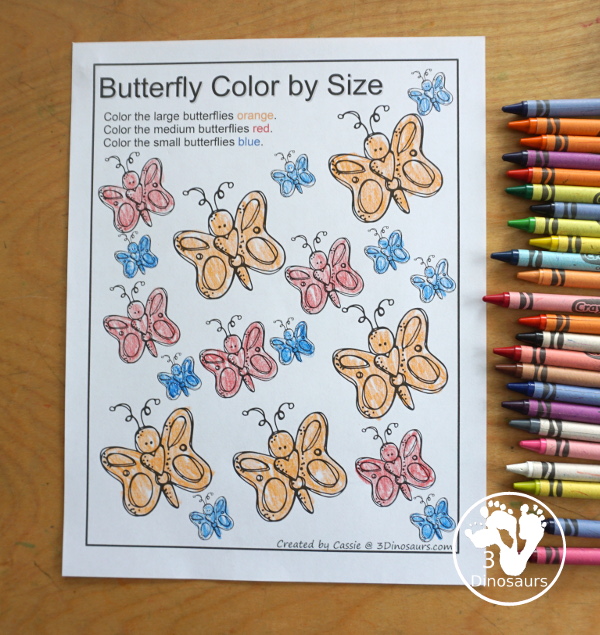 Spring Mini Pack with Number Printables: color by size worksheets with butterflies in three sizes. - 3Dinosaurs.com