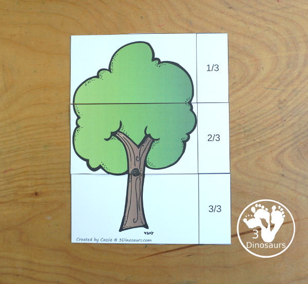 Free Tree Fraction Puzzle Printables - it has 7 fraction puzzles with 2, 3, 4, 5, 6, 8, 10 for the parts for the fractions  - 3Dinosaurs.com