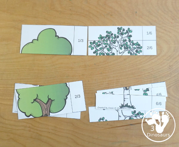 Free Tree Fraction Puzzle Printables - it has 7 fraction puzzles with 2, 3, 4, 5, 6, 8, 10 for the parts for the fractions  - 3Dinosaurs.com