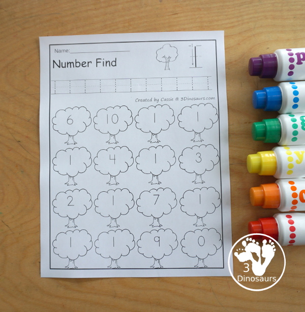 Tree Number Find Printable For Kids with numbers from 0 to 20. You trace the numbers and then find the numbers on the tree. You have number and number word for kids to use - 3Dinosaurs.com
