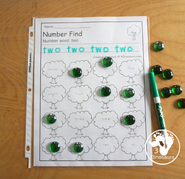 Tree Number Find Printable For Kids with numbers from 0 to 20. You trace the numbers and then find the numbers on the tree. You have number and number word for kids to use - 3Dinosaurs.com